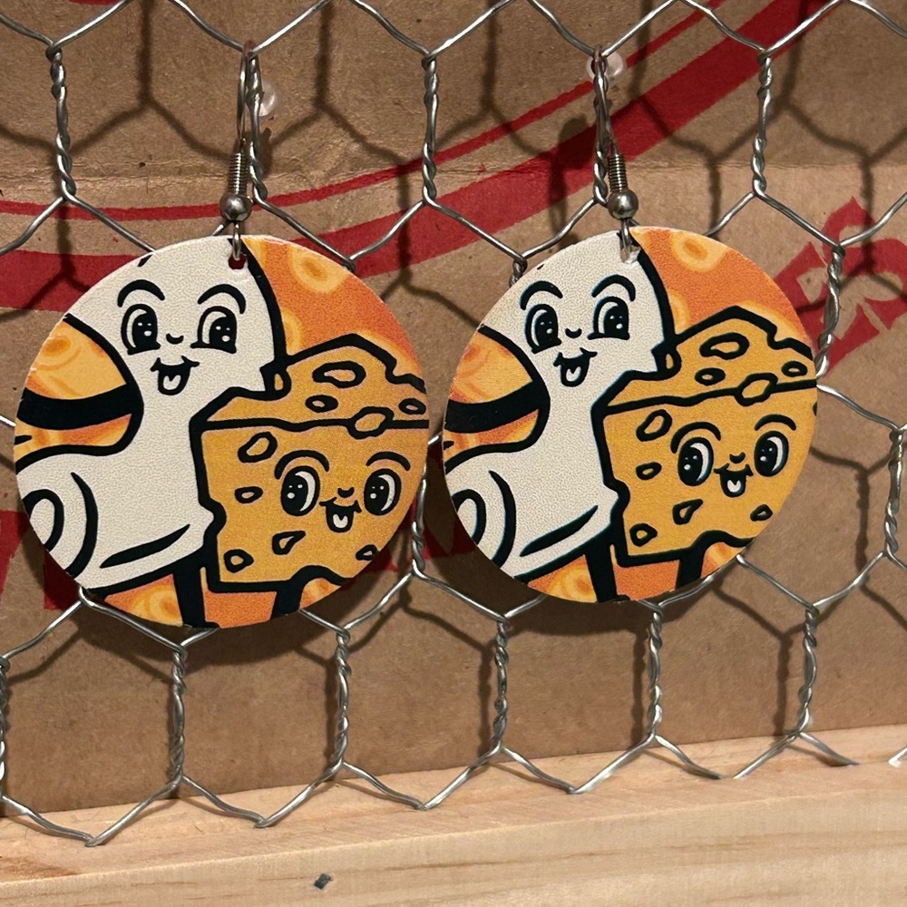 Trader Joe’s earrings circle with l Macaroni and cheese recycled gift card art